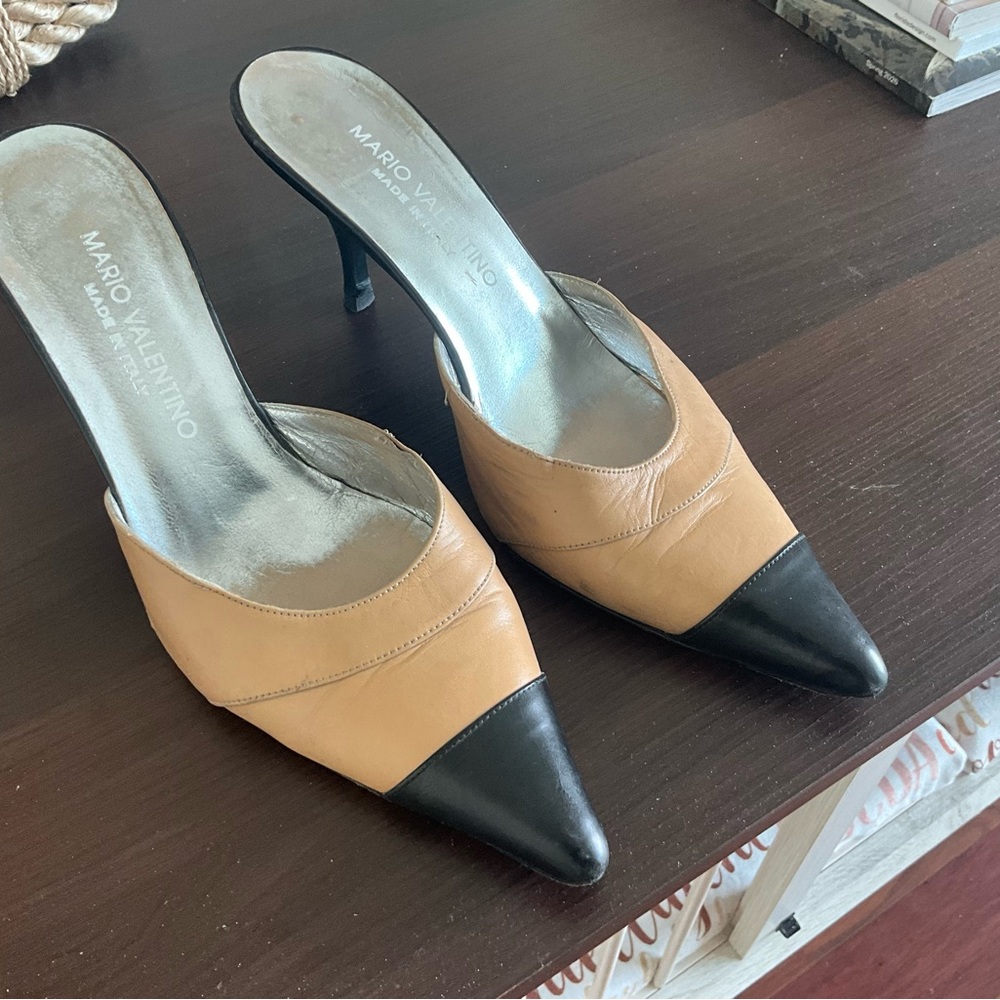 Mario Valentino Two-Tone Black and Tan Pointed-Toe Mule Heels